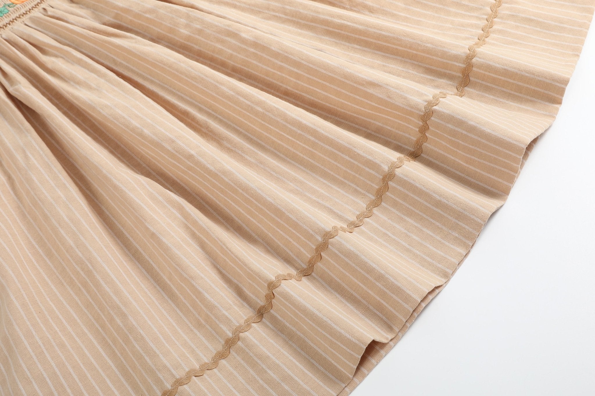 Light Brown Pinstripe Pumpkin Smocked Bishop Dress