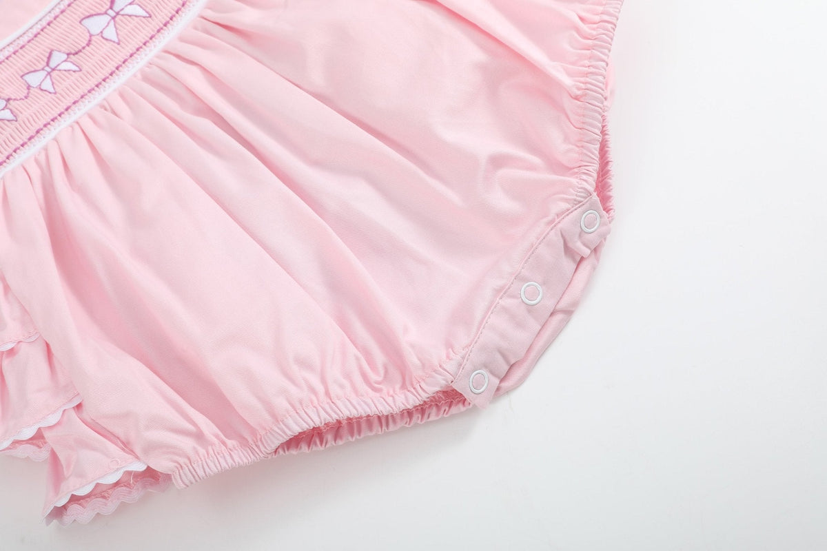 Pink and White bows Smocked Ruffle Romper