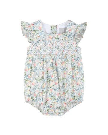 Pink Floral Print Smocked Futter Romper