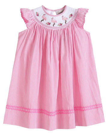 Pink Striped Flamingo Smocked Bishop Dress