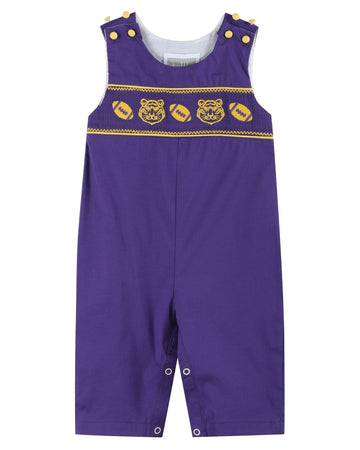 Purple and Gold Football and Tiger Smocked Overalls