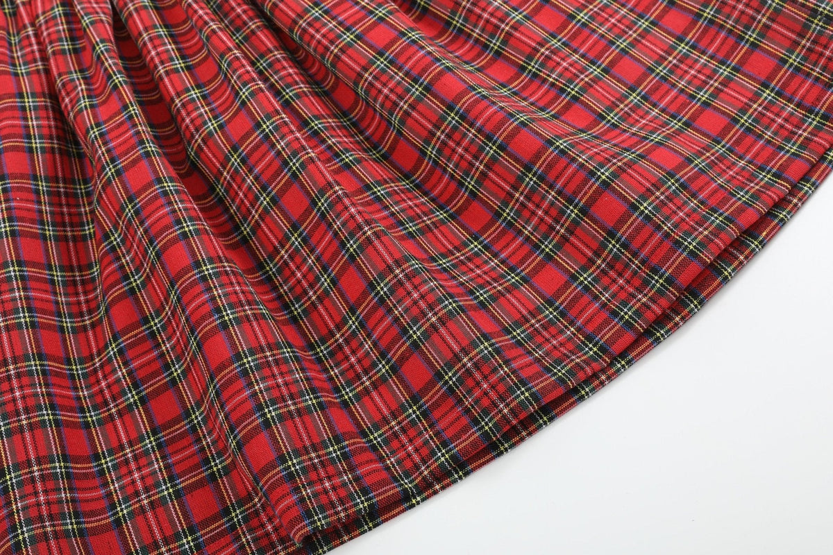 Red Christmas Plaid Colllared Ruffle Dress