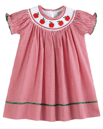 Red Gingham Apple Smocked Bishop Dress