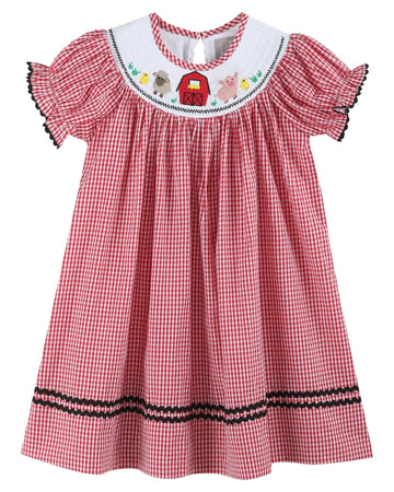 Red Gingham Barn Animals Smocked Bishop Dress