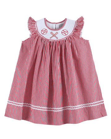 Red Gingham Baseball Smocked Bishop Dress