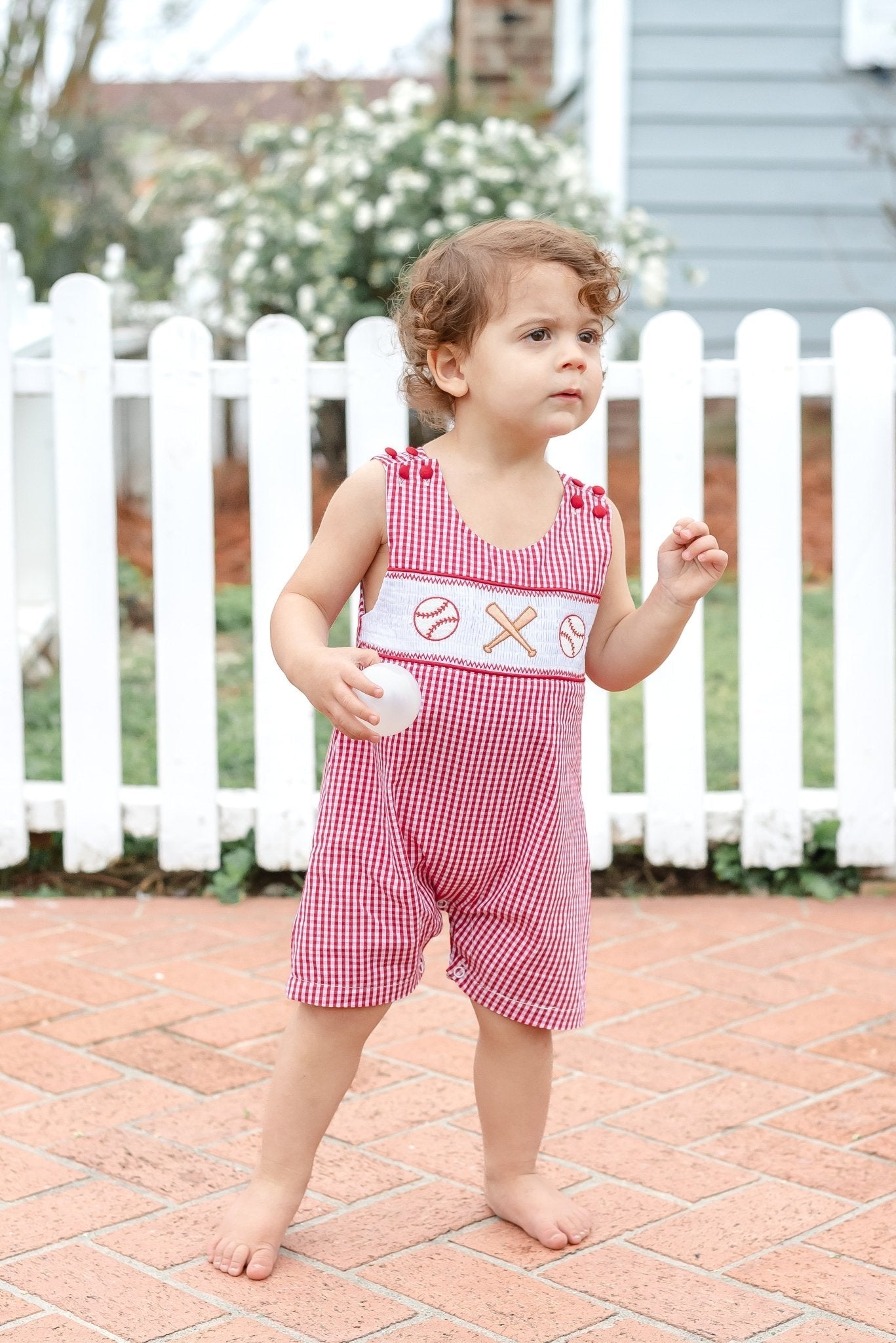 Red Gingham Baseball Smocked Shortalls