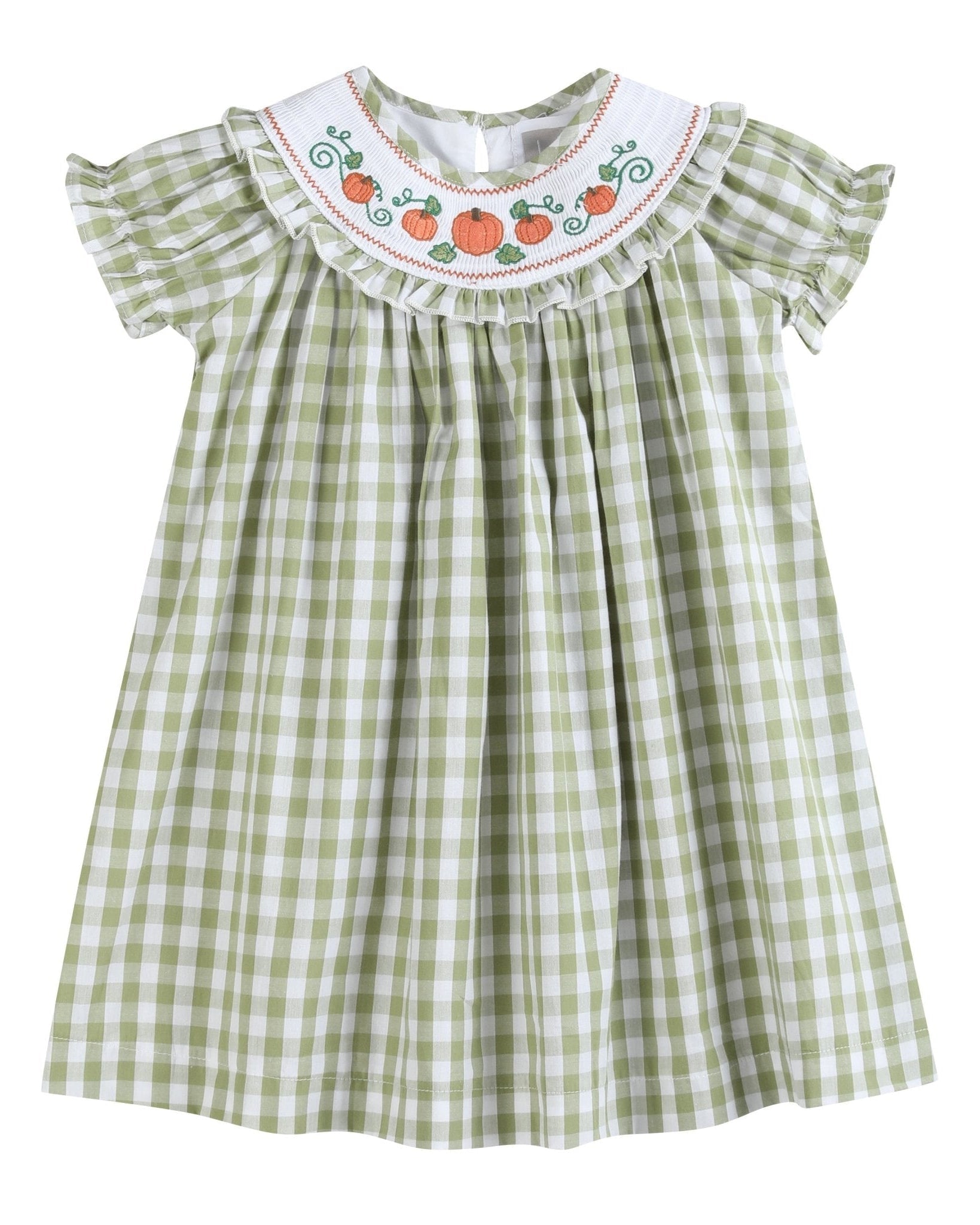 Sage Green Gingham Pumpkin Smocked Bishop Dress