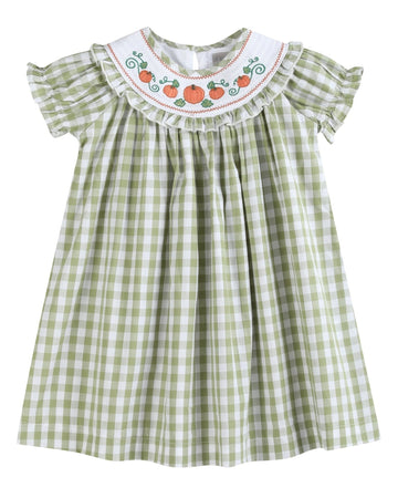 Sage Green Gingham Pumpkin Smocked Bishop Dress