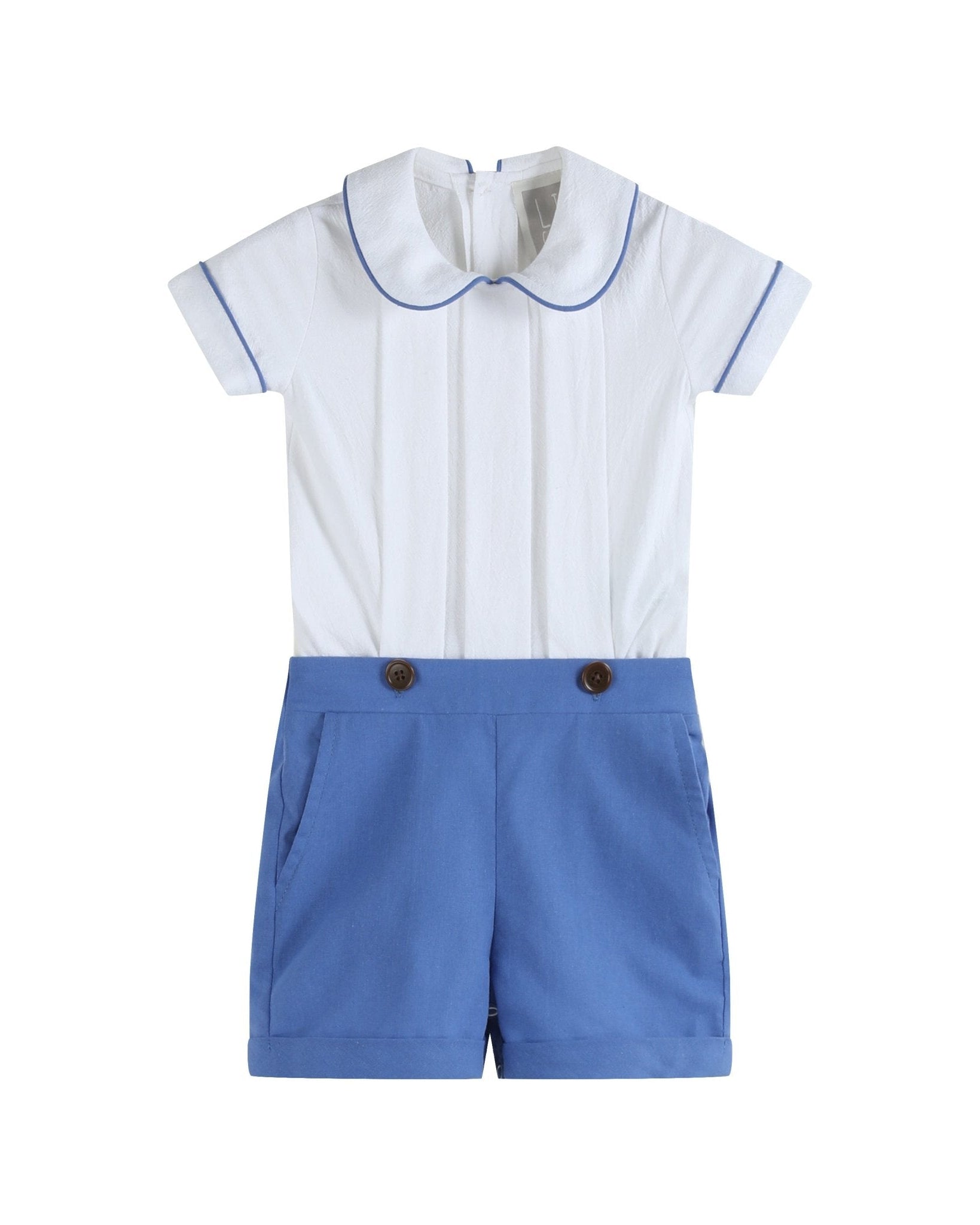White Collared Top and Blue Button Shorts